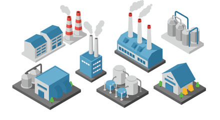 Isometric industrial buildings and factories set with blue accents