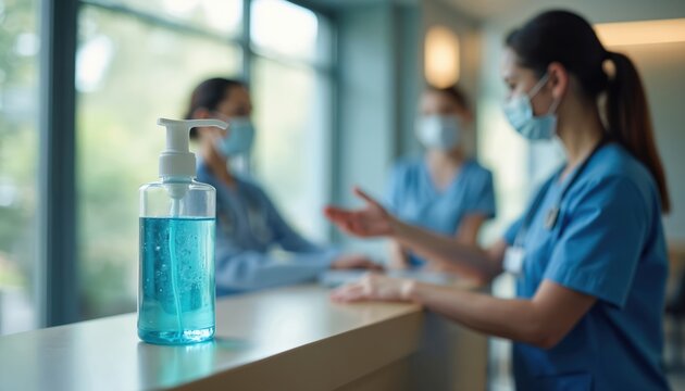 Hospital reception desk features a hand sanitizer dispenser. Medical staff wearing masks in background. Focus on cleanliness and hygiene measures in healthcare settings.