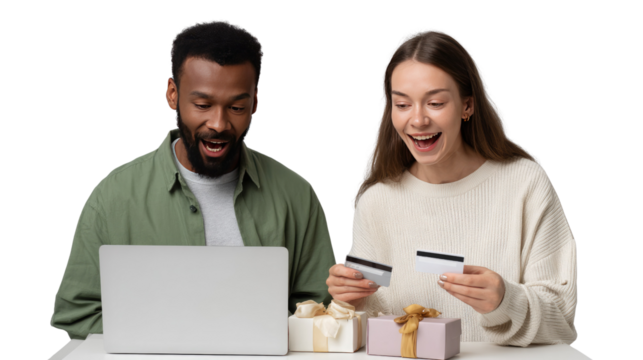 Online Shopping Delight: A joyful couple, immersed in the thrill of online shopping, eyes sparkling as they engage with a laptop and credit card, symbolizing convenience and modern retail experience.
