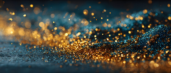 Naklejka premium Abstract background with Dark blue and gold particle Christmas Golden light shne particles bokeh on navyblue background. Gold foiltexture. Holiday concept