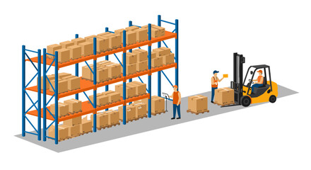 Warehouse logistics management scene with workers and forklift in isometric style