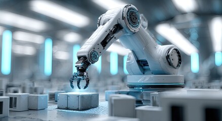 Modern robotic arm in a clean, futuristic factory