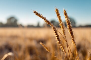 Fototapeta premium Golden wheat heads in a sunlit field