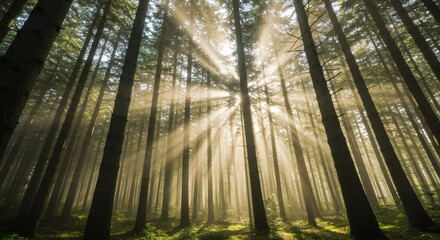 Naklejka premium Sunbeams Explode Through Misty Pine Forest.