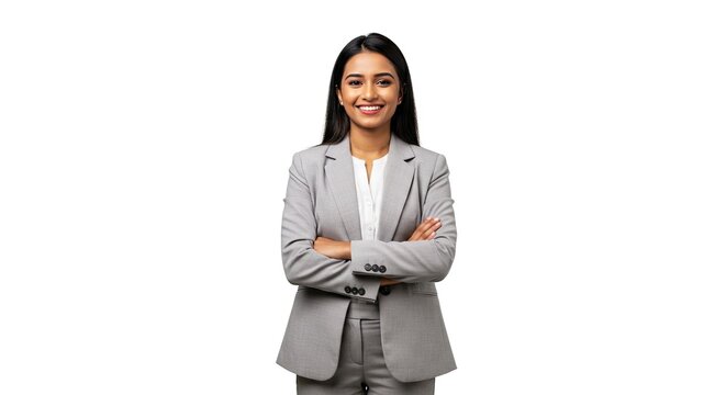 Woman in a grey suit smiles arms crossed against a white backdrop