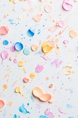 A vibrant and playful abstract art piece featuring colorful pastel paint splatters and blobs on a clean white background, creating a cheerful texture.