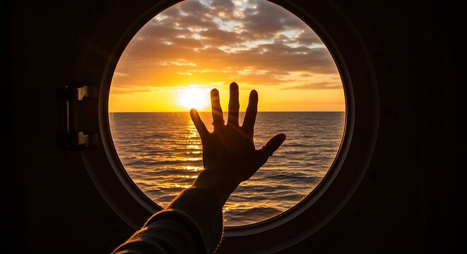 Fototapeta a hand reaching towards sunset seen through round window