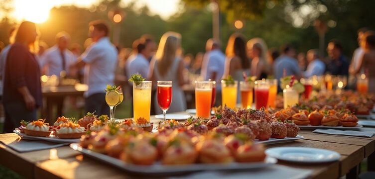Outdoor reception showcases appetizers and colorful cocktails on a table. Guests mingle in the background during a summer garden party event. Focus on catering, food, drinks, and social gathering.
