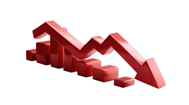 Economic Decline Visualization: A dramatic visualization of economic downturn and downward trend with a red arrow and bar graph, a symbol of financial crisis and the recession's impact.