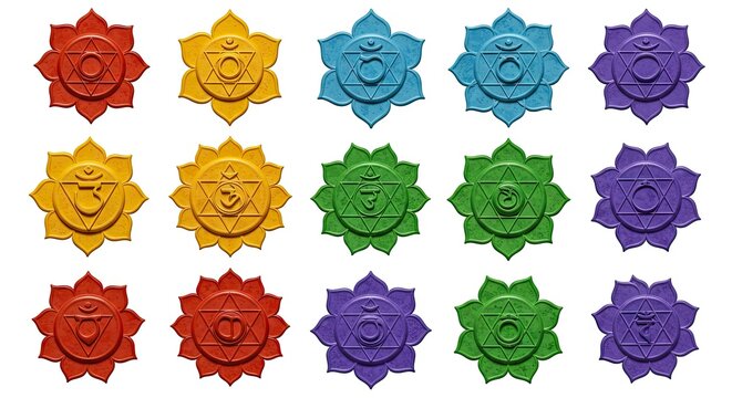 Fifteen chakra symbols each a flower shape in red yellow blue green or purple with a unique emblem inside a circle and hexagram