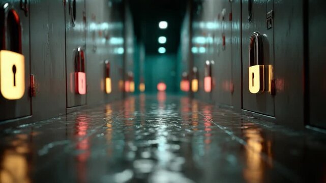 Locked Away: a symmetrical corridor of lockers, each sealed with a padlock, create a sense of mystery and security, with colorful glow.
