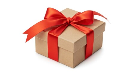 Obraz premium A square gift box wrapped with a shiny red ribbon and bow sits on a white surface
