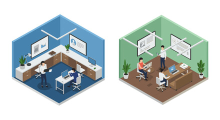 Modern office workspace design: two isometric rooms with employees collaborating
