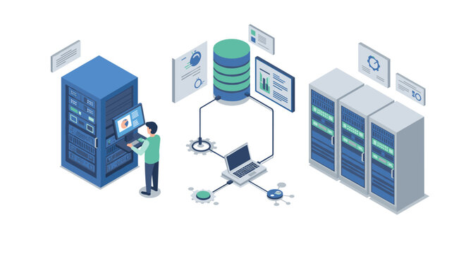 Isometric data center with it technician managing servers and network systems