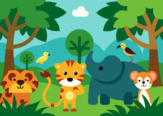Naklejka premium Cartoon Jungle Animals Background