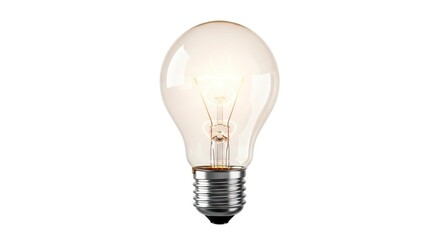 Illuminated light bulb with visible filament and metal base against a white background