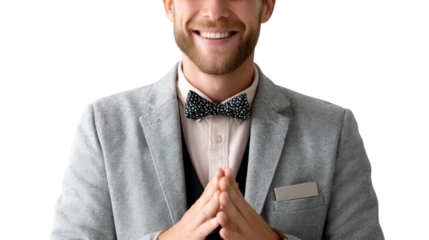 Smiling Gentleman: Capturing the essence of poise and friendliness, a well-dressed gentleman in a tailored suit and bow tie exudes confidence. His warm smile reflects a welcoming presence.