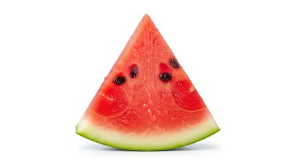 A triangular slice of watermelon with red flesh black seeds and green rind positioned on a white background