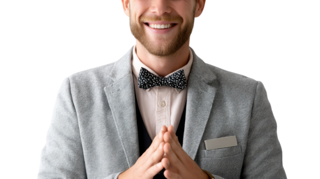 Smiling Gentleman: Capturing the essence of poise and friendliness, a well-dressed gentleman in a tailored suit and bow tie exudes confidence. His warm smile reflects a welcoming presence.