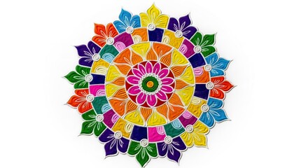 A vibrant circular Rangoli art design featuring intricate geometric patterns and colorful...