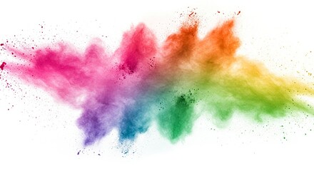 A vibrant cloud of rainbowcolored powder particles explodes against a white background
