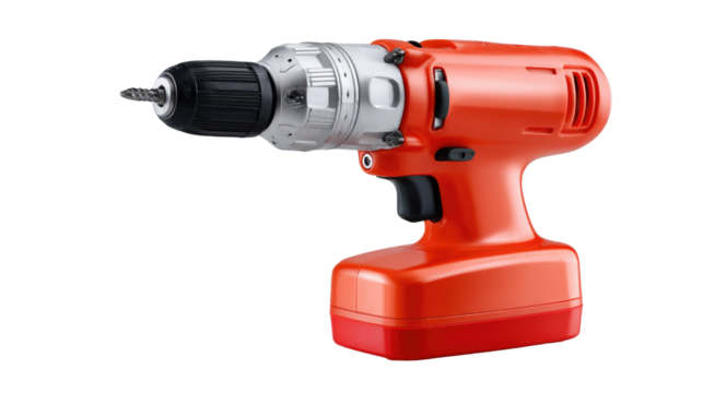 Cordless Drill Tool: A close-up view showcasing a red and black cordless drill, a quintessential tool for construction and home improvement projects.
