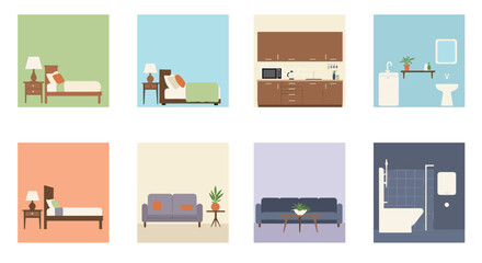 Flat style minimalist interior design set for home decor projects
