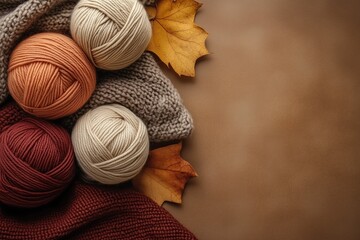 Cozy wool yarn and autumn leaves on brown background with copy space on the right.