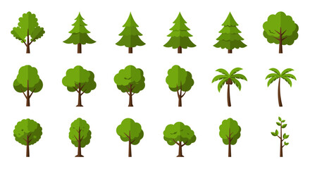 Collection of diverse cartoon trees in flat design