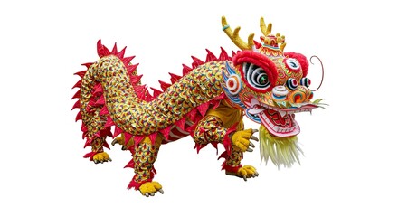 A vibrantly colored Chinese dragon costume with gold horns stands against a white background