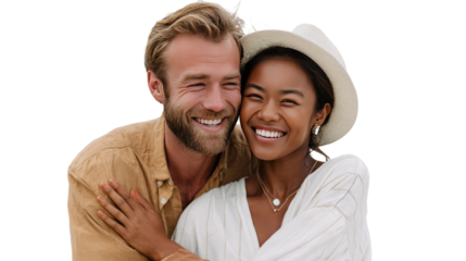 Joyful Embrace by the Sea: Captured with the pure joy of love, a diverse couple radiates happiness against the serene backdrop of a sunny day, their smiles infectious and their bond palpable. 