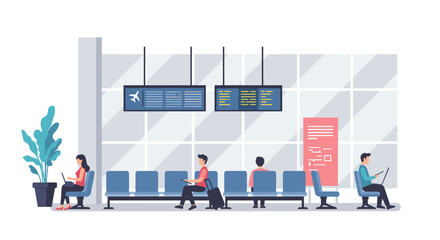 Obraz premium Flat design airport lounge with people waiting and busy activities