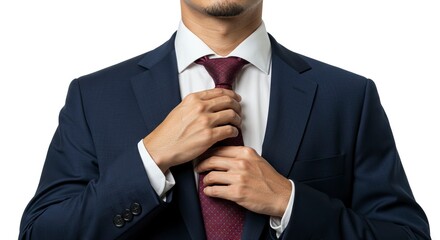 Man in a navy suit adjusts a burgundy tie White dress shirt visible