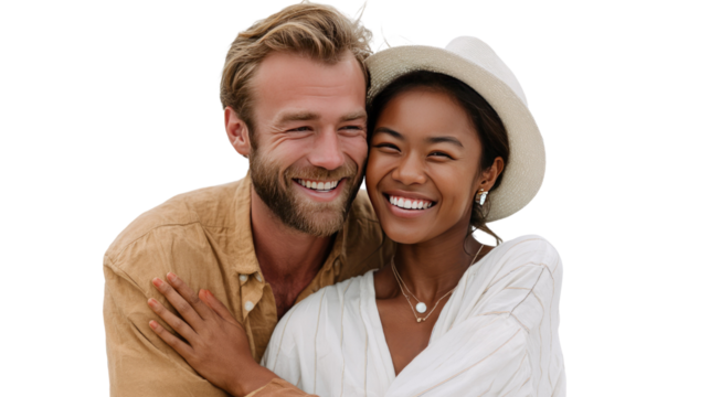 Joyful Embrace by the Sea: Captured with the pure joy of love, a diverse couple radiates happiness against the serene backdrop of a sunny day, their smiles infectious and their bond palpable. 