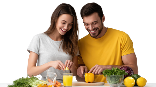Healthy Couple's Culinary Adventure: A radiant couple prepares a vibrant, nourishing meal, embracing a shared culinary experience that epitomizes health and well-being. 