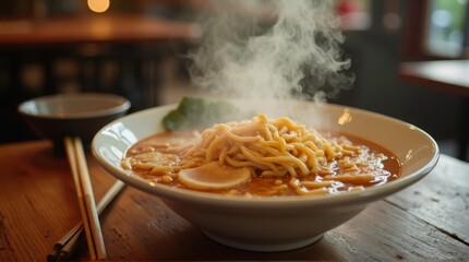 Steaming Bowl of Hot Noodle Soup in Cozy Restaurant Setting
