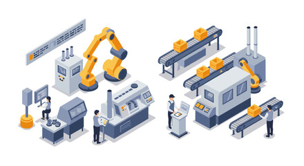 Isometric smart factory automation scene with robots and conveyors