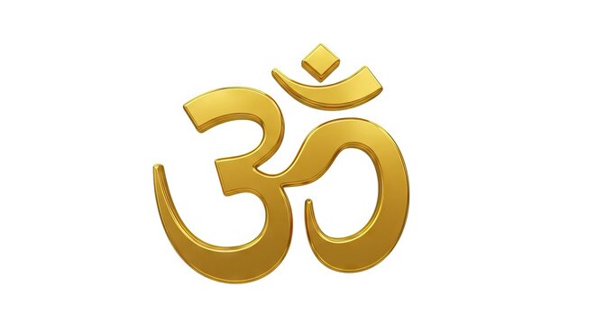Gold Om symbol against a white background reflecting light