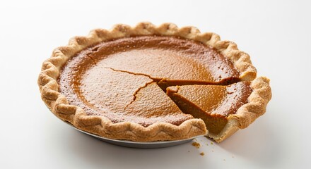 A whole pumpkin pie with a slice missing sits on a plate against a white background
