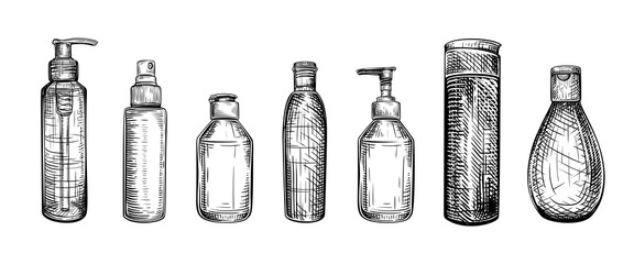 Fototapeta na wymiar Vector hand drawn vintage illustration of cosmetic bottles in vintage engraved style. Package for shampoo, cream, tonic, lotion, serum. Black and white sketch isolated on white background
