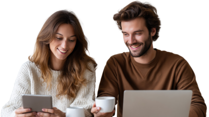 Connected in the Moment: A duo finds connection, with one engaged with a smart phone, and the other with a laptop, all while enjoying a coffee together.