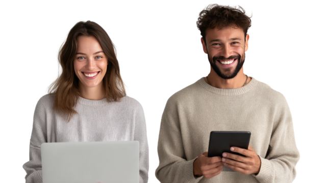 Connected and Content: A radiant couple connects with the world, one with a laptop and the other with a tablet, beaming with modern contentment.