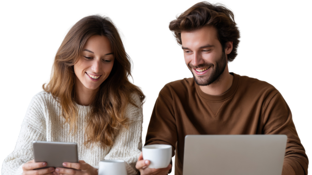 Connected in the Moment: A duo finds connection, with one engaged with a smart phone, and the other with a laptop, all while enjoying a coffee together.