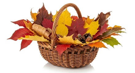 A wicker basket overflowing with colorful autumn leaves acorns and pinecones