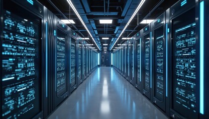 Futuristic data center server room with rows of technology pods. Advanced computer servers illuminated by blue lights. Digital information flow, network infrastructure, secure data storage.