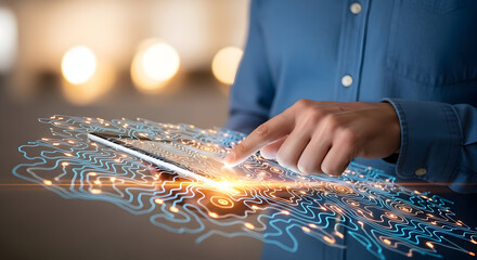 Man using digital tablet with futuristic data visualization