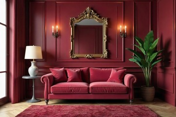 Elegant Bordeaux-colored living room with plush velvet sofa, ornate mirror, and rich wood accents Perfect for interior design blogs and home decor websites , contemporary, living room, apartment