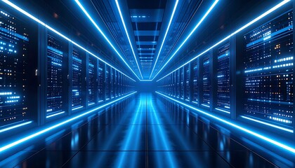 An ultra-modern data center interior, dominated by cool blue neon lighting, a seemingly endless perspective of server racks, and a highly reflective floor. 