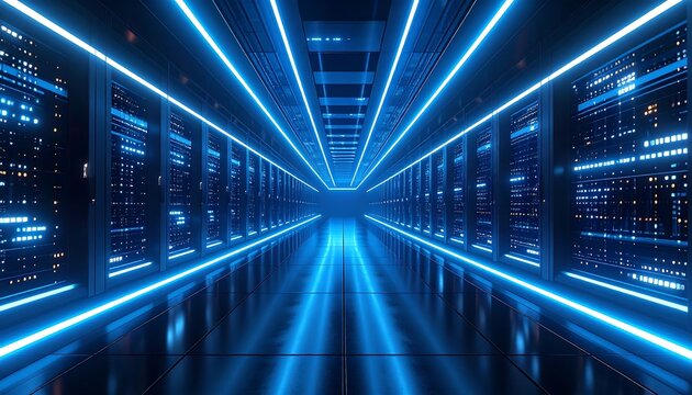 An ultra-modern data center interior, dominated by cool blue neon lighting, a seemingly endless perspective of server racks, and a highly reflective floor.  - Powered by Adobe