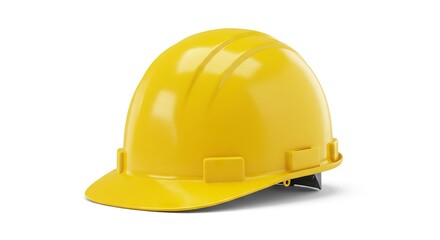 A yellow plastic hard hat with a brim and two grooves on top is isolated on a white background